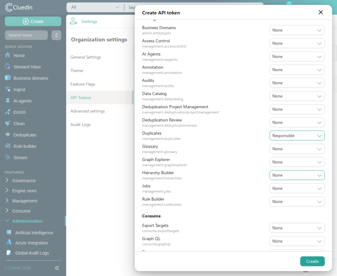 The Claims section of the Create API token panel, with the Duplicates claim set to Responsible and the rest left at None