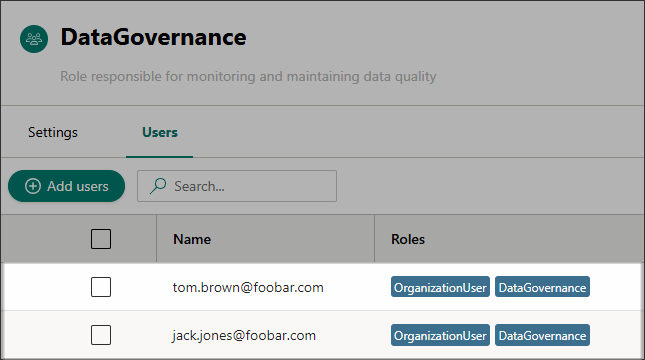 The Users tab of the DataGovernance role listing the two users that were added to the role