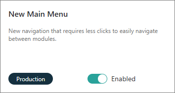 The New Main Menu feature flag card with its toggle set to Enabled