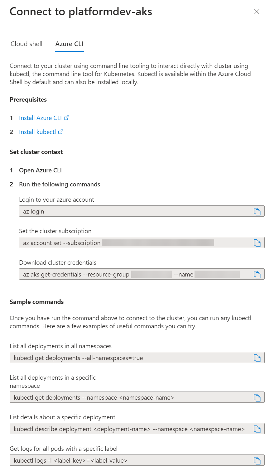 Connect to platformdev-aks pane with Cloud shell and Azure CLI tabs, showing az login, az account set, az aks get-credentials, and sample kubectl commands