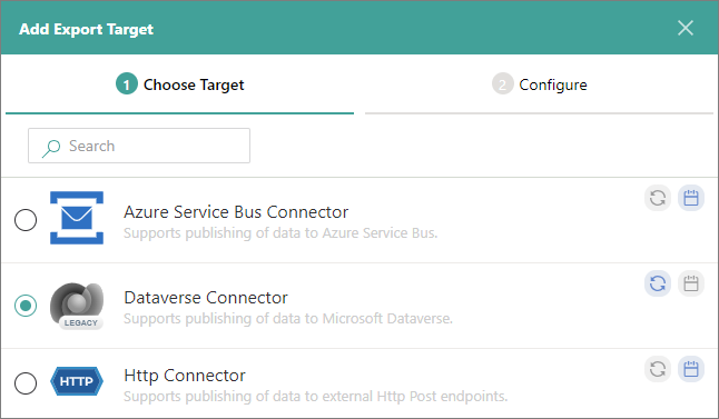 The Add Export Target dialog on the Choose Target tab, with Dataverse Connector selected