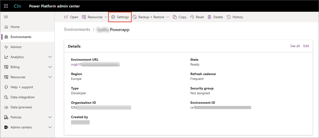 Environment details page in Power Platform admin center with Settings highlighted in the top toolbar