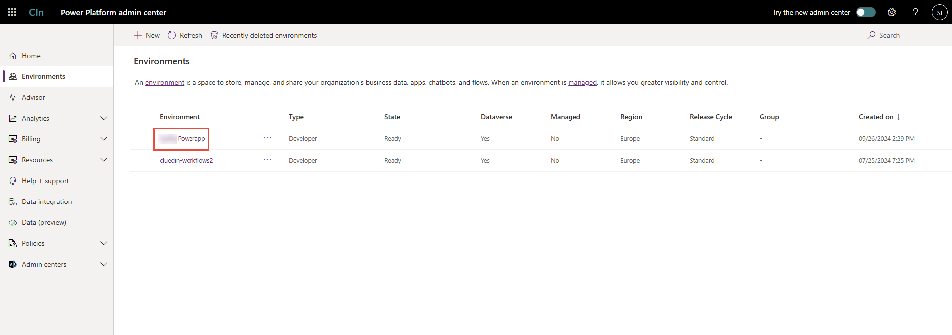Power Platform admin center Environments list with the intended environment highlighted