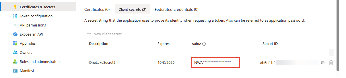 Client secrets tab of the app registration with the secret Value highlighted