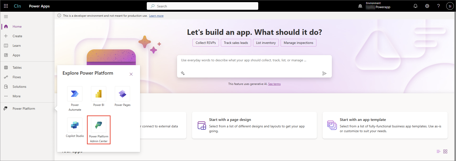 Power Apps with the Power Platform menu open and Power Platform Admin Center highlighted