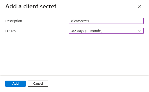 The Add a client secret pane with a Description entered, Expires set to 365 days, and the Add button