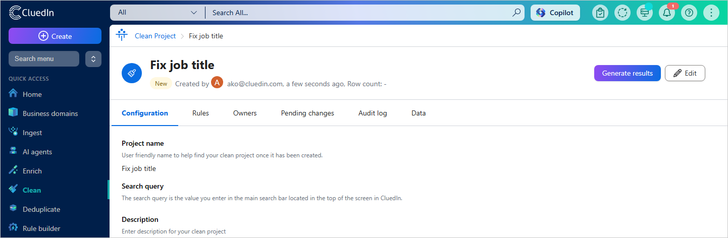 New clean project Fix job title on the Configuration tab, with the Generate results button in the upper-right corner