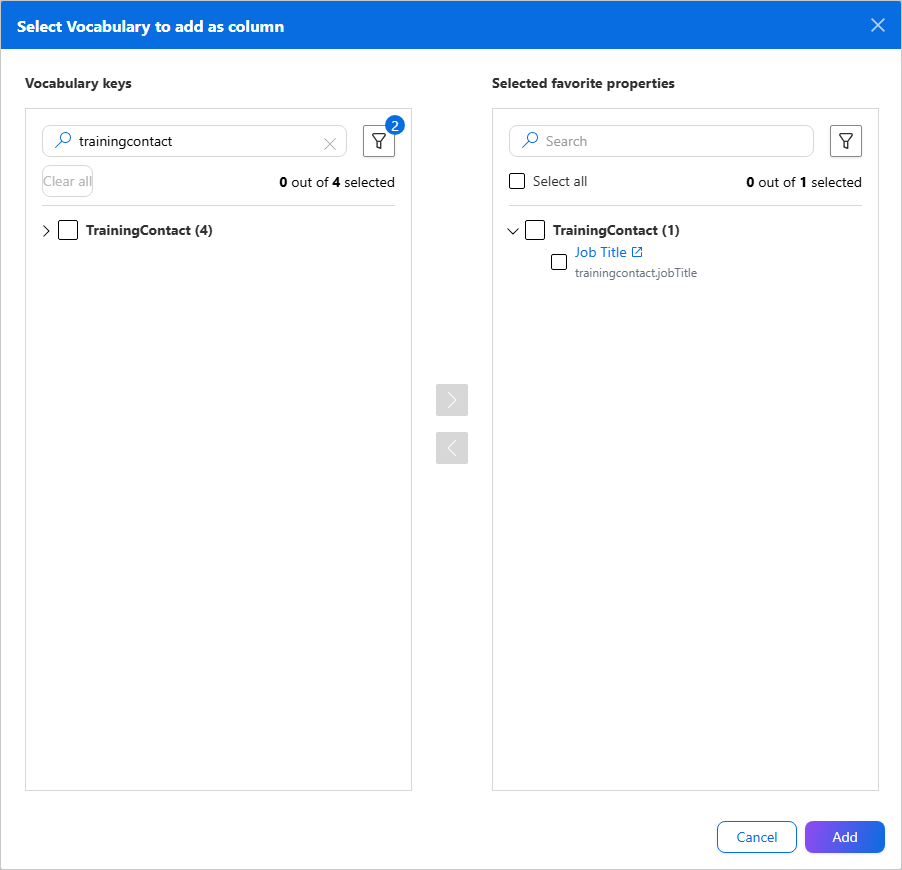 Dialog for adding vocabulary columns, with the TrainingContact Job Title key moved to the selected section on the right and an Add button