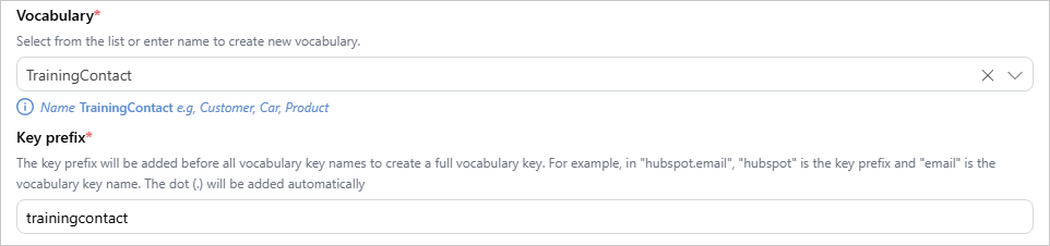 The Vocabulary field set to TrainingContact and the Key prefix field set to trainingcontact