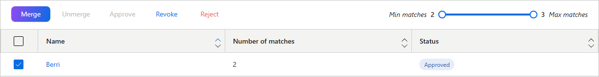 Matches tab with the approved group Berri selected and the Merge button available