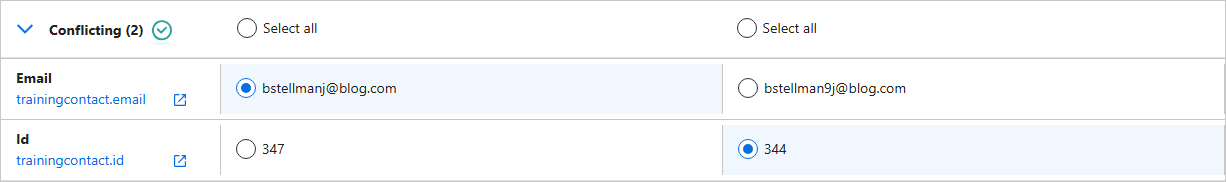 Conflicting section of the Fix Conflicts tab with one Email value and one Id value selected from the two duplicate records