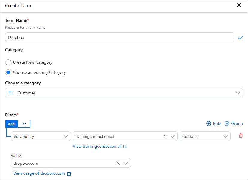 Create Term pane with term name Dropbox, existing category Customer, and a filter where trainingcontact.email contains dropbox.com