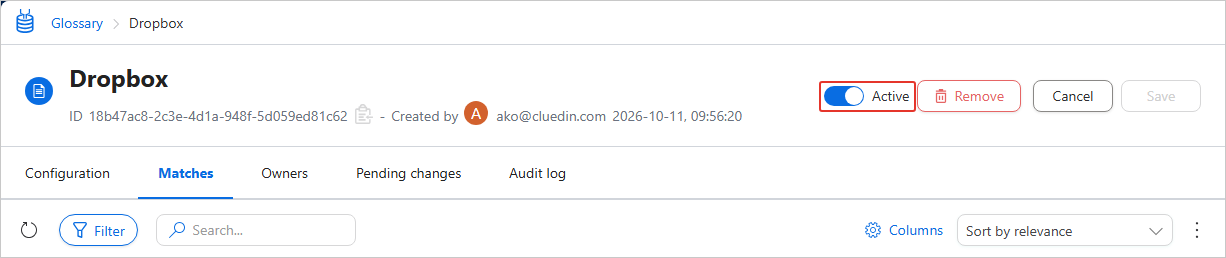 Dropbox term page on the Matches tab with the status toggle set to Active and highlighted