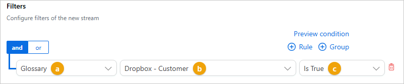 Stream Filters section with Glossary selected as the property type, the Dropbox - Customer term, and the Is True operation