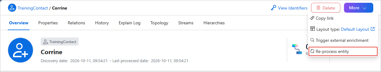 Record details page with the More menu open and Re-process entity highlighted