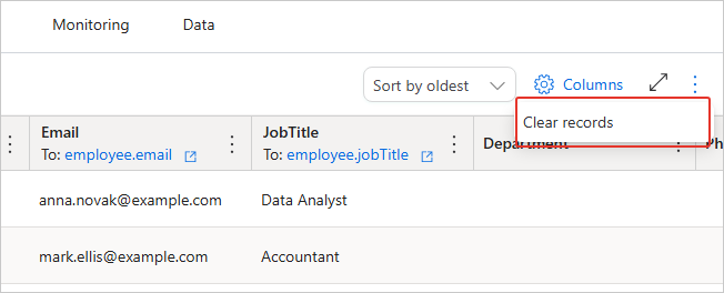 Three-dot menu next to the sorting dropdown on the Preview tab of an endpoint data set, showing the Clear records option