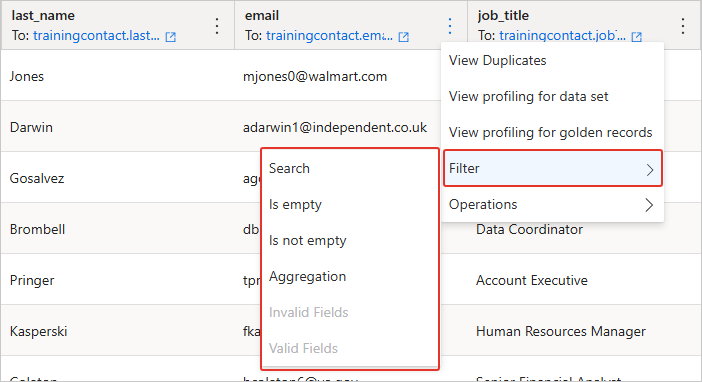 Column three-dot menu with Filter expanded, listing Search, Is empty, Is not empty, Aggregation, Invalid Fields, and Valid Fields