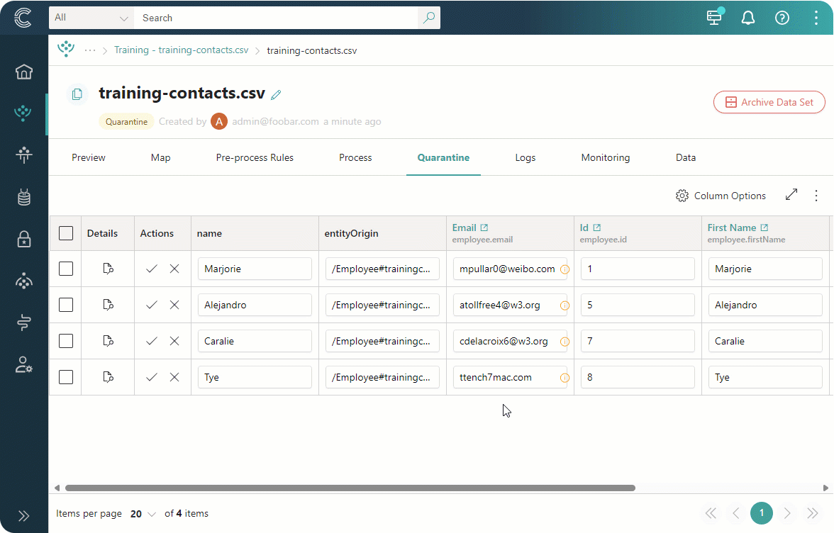 Animation: on the Quarantine tab, selecting records with the checkboxes, opening the three-dot menu, and selecting Process