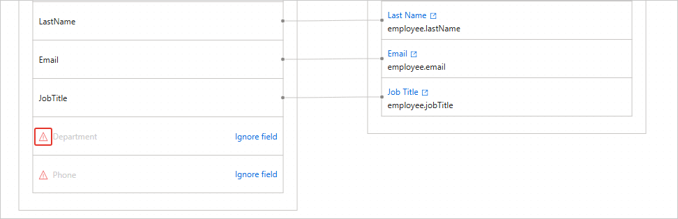 The Map tab with fields linked to vocabulary keys, and the unmapped Department and Phone fields marked with warning icons