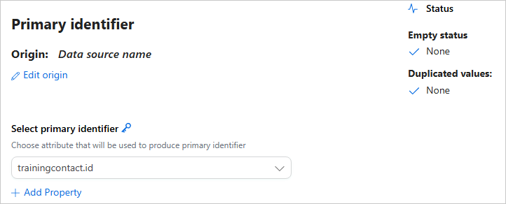 Primary identifier section in mapping details with trainingcontact.id selected and the Status panel showing no empty and no duplicated values