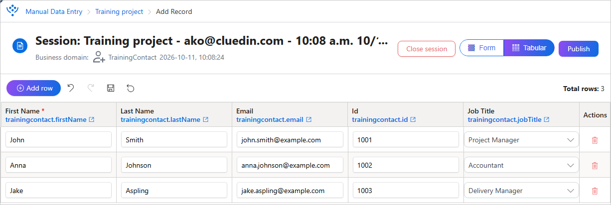 Session in Tabular view with Add row and three rows of contact data, each with a delete icon in the Actions column