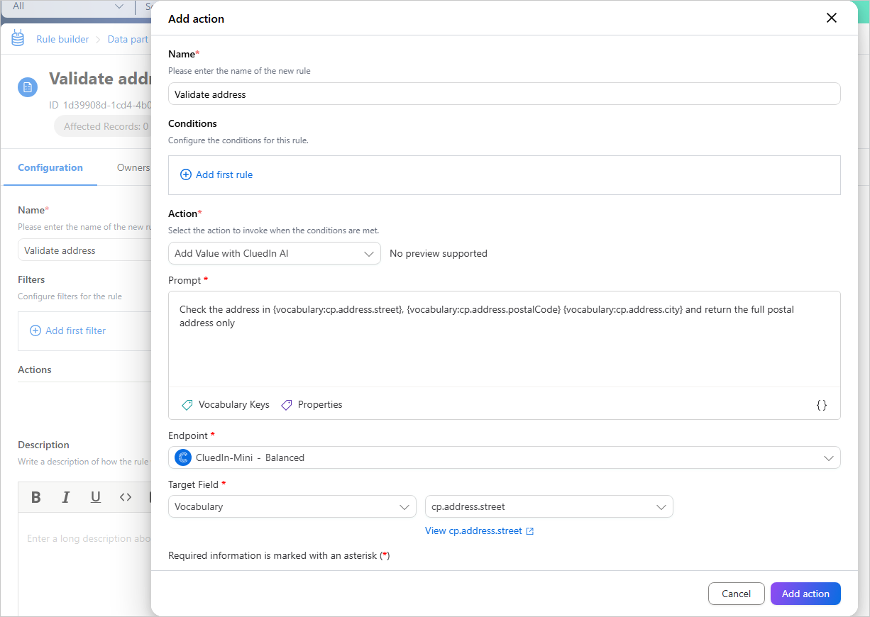 The Add action pane with the Add Value with CluedIn AI action, a prompt to return the full postal address, an endpoint, and the target vocabulary key