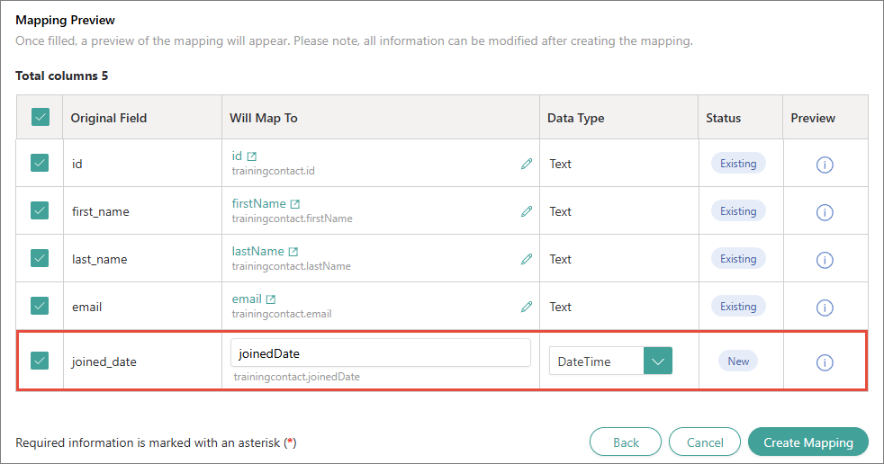Mapping Preview with the joined_date field highlighted, mapped to joinedDate with the DateTime data type