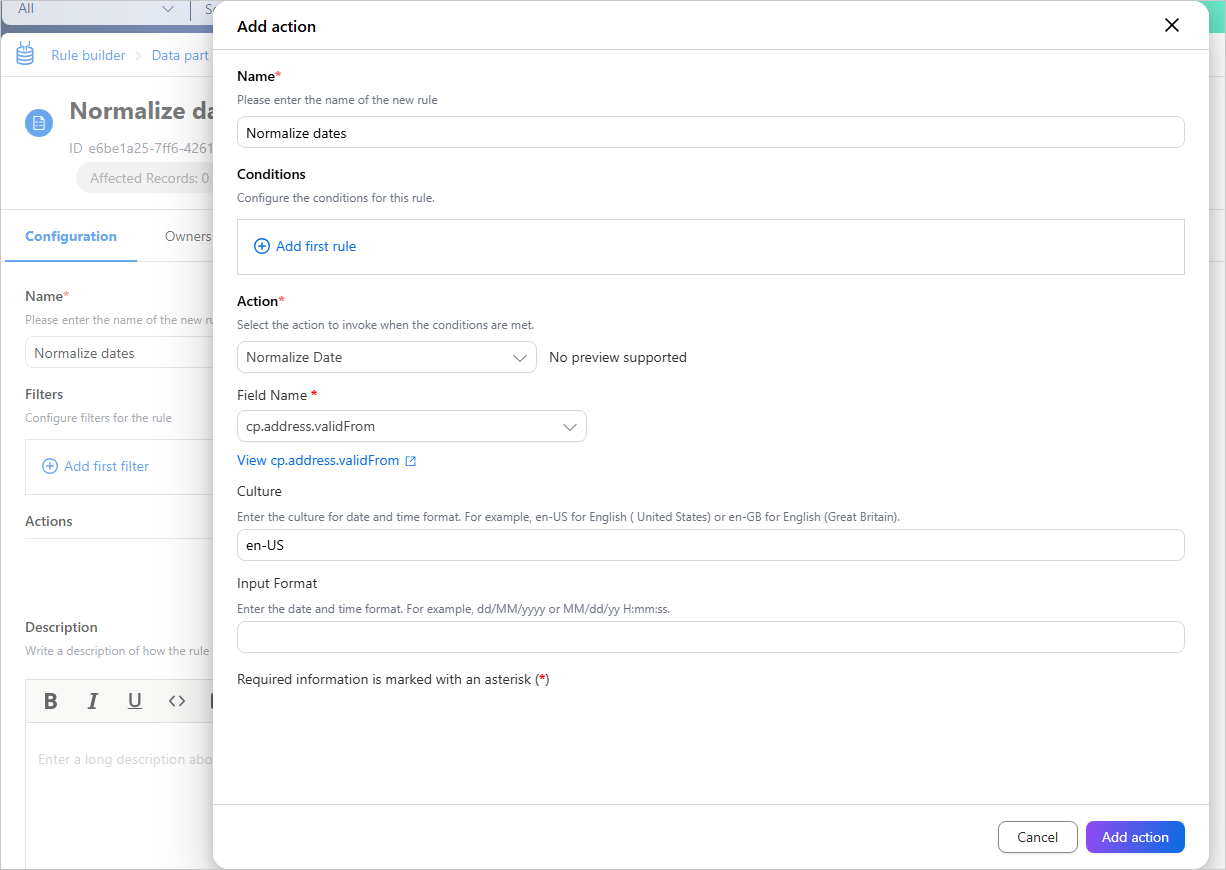 Add action pane of a data part rule with the Normalize Date action, a Field Name selected, Culture set to en-US, and an empty Input Format