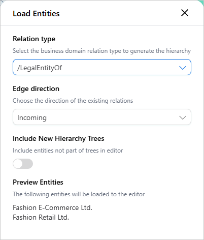 Load Entities pane with Relation type /LegalEntityOf and Edge direction Incoming, previewing Fashion E-Commerce Ltd. and Fashion Retail Ltd.