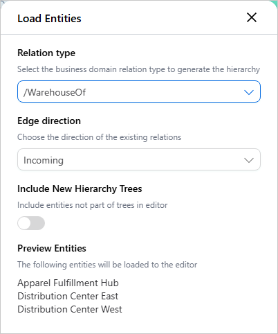 Load Entities pane with Relation type /WarehouseOf and Edge direction Incoming, previewing three warehouses