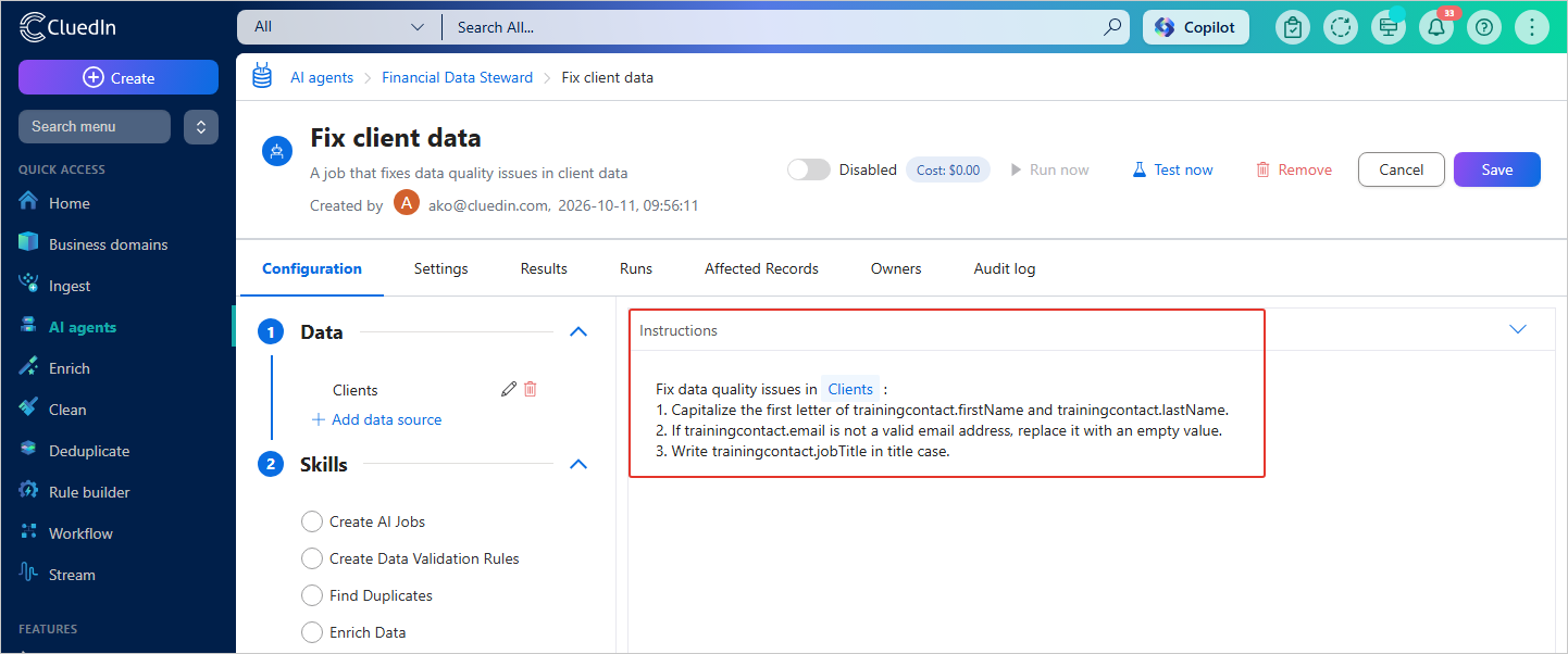 The Instructions section of the job, with a prompt that refers to the Clients data source and lists three fixes