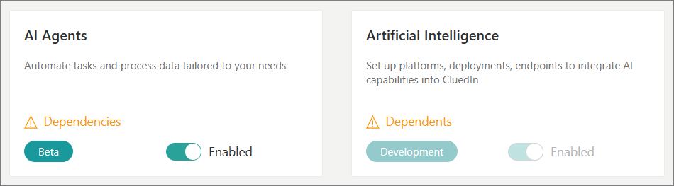 The AI Agents feature card with its toggle Enabled, next to the Artificial Intelligence feature card, which is enabled automatically