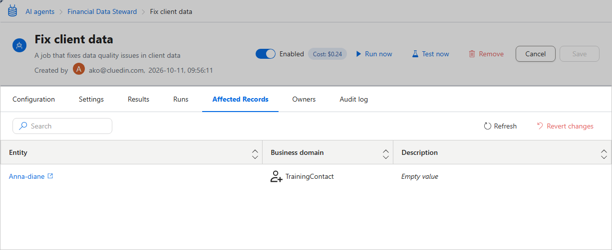 Affected Records tab of an AI agent job page, listing the golden records the agent modified, with Refresh and Revert changes buttons