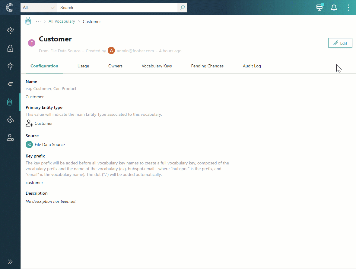 Animation: selecting Edit on the Customer vocabulary Configuration tab, changing settings, then selecting Save and confirming