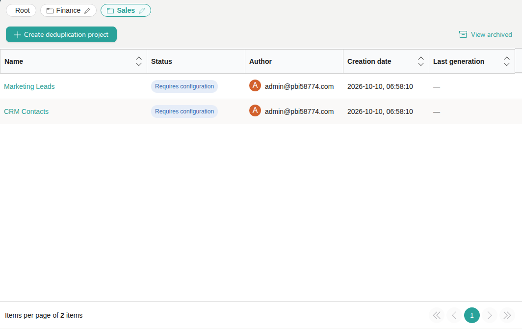 Sales folder selected in the folder bar, listing the deduplication projects Marketing Leads and CRM Contacts
