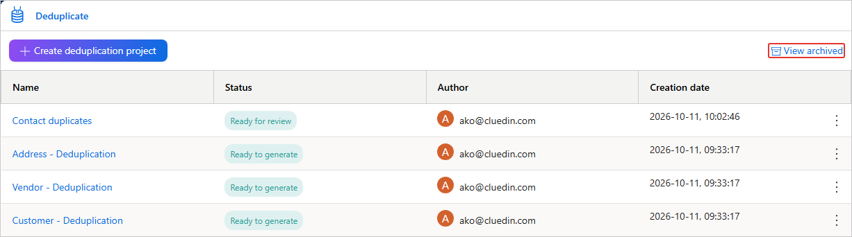 Deduplicate page listing deduplication projects, with View archived highlighted in the upper-right corner