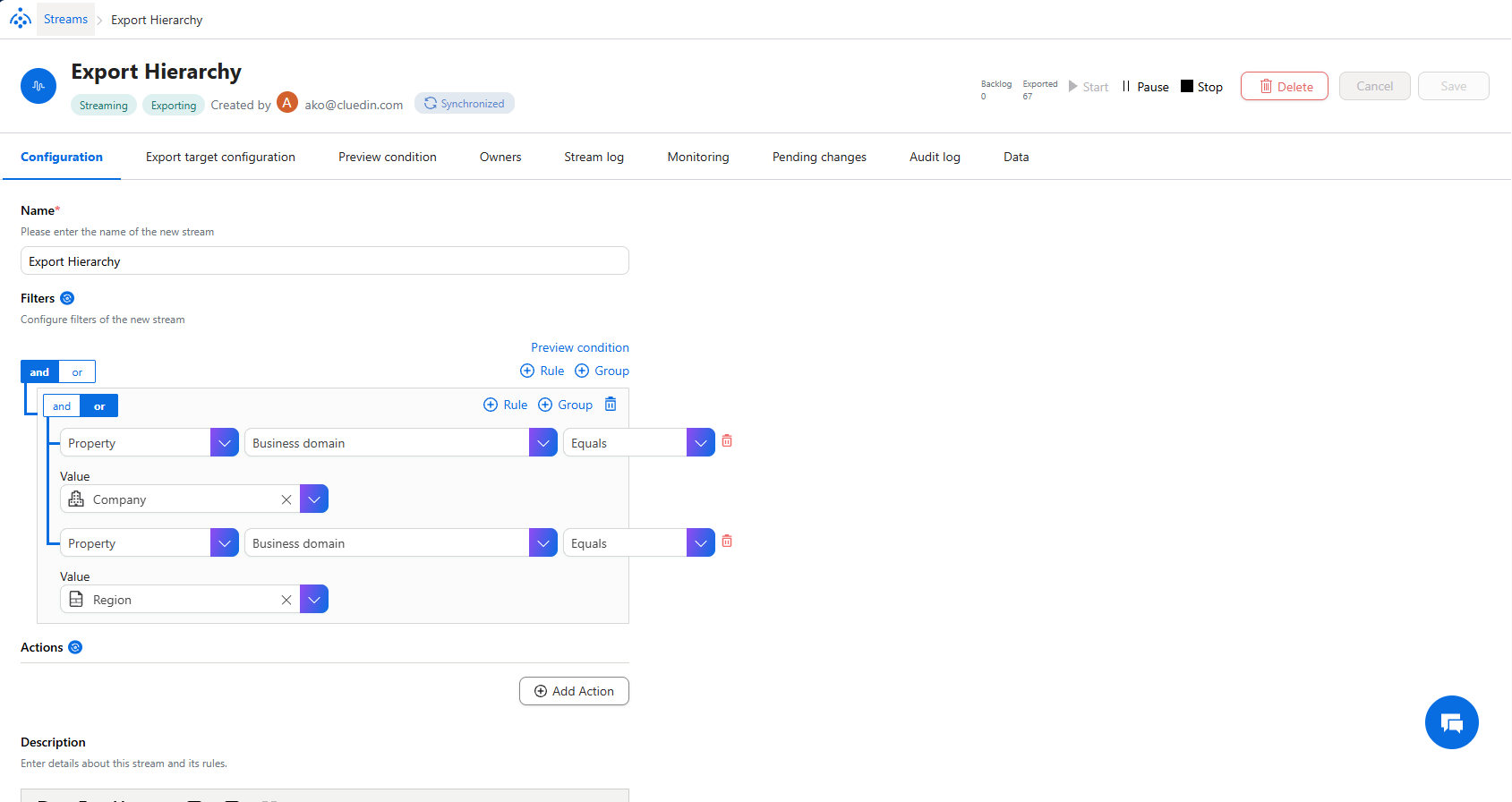 Export Hierarchy stream Configuration tab with an or filter group: Business domain equals Company, or Business domain equals Region