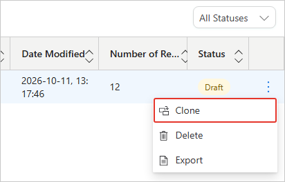 Hierarchy row three-dot menu open with Clone highlighted, above the Delete and Export options