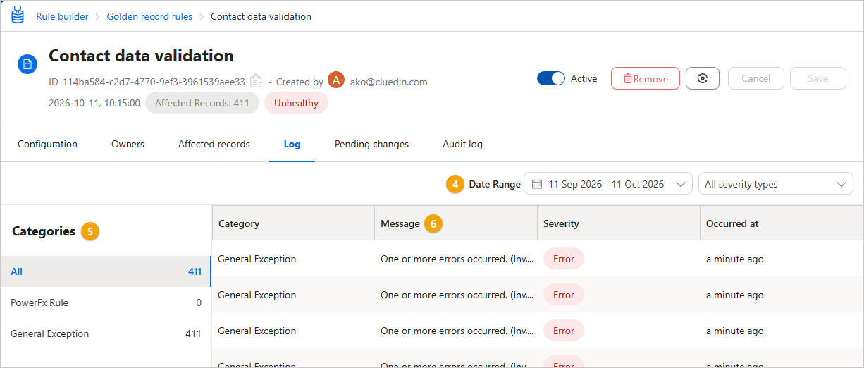 The Log tab of an Unhealthy rule, with categories on the left and General Exception errors listed by message and severity
