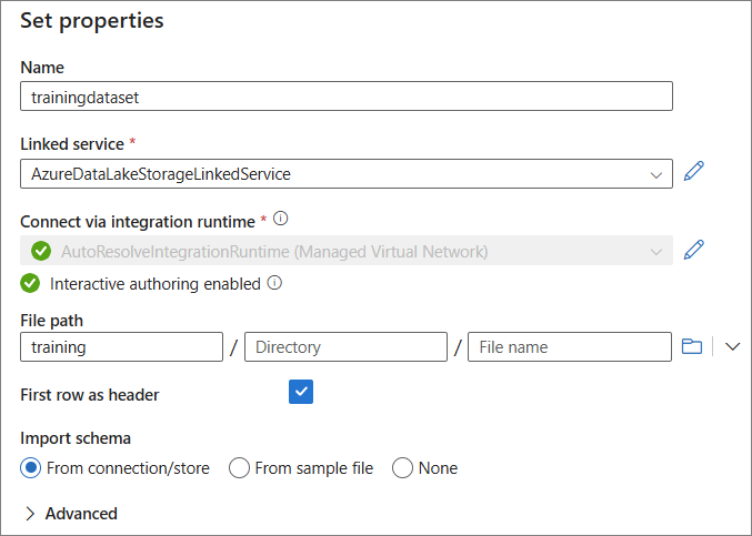 Set properties pane for the source dataset with an Azure Data Lake Storage linked service, a File path, and First row as header selected