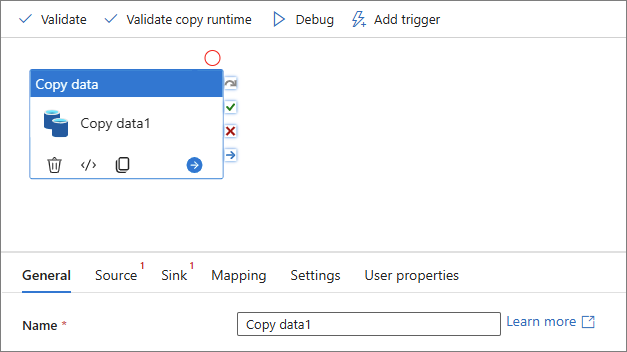 Copy data activity on the pipeline canvas, with the General, Source, Sink and Mapping tabs below