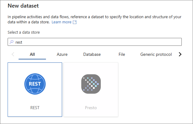 The New dataset pane searched for rest, with REST selected