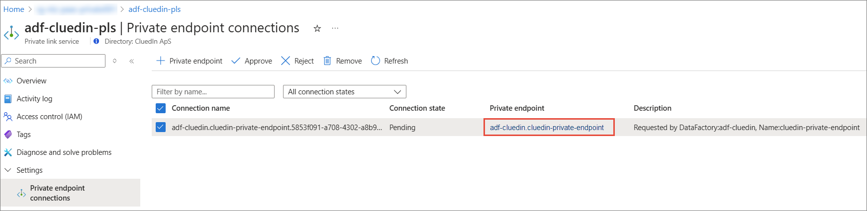 Private link service Private endpoint connections page with a pending connection from the data factory selected, its private endpoint name highlighted, and the Approve button
