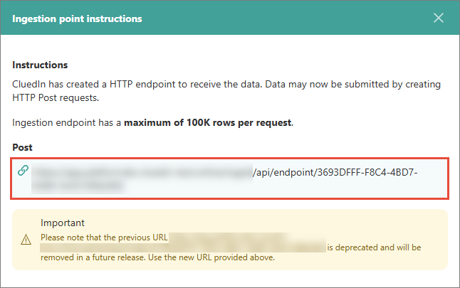 The CluedIn Ingestion point instructions dialog with the Post endpoint URL highlighted