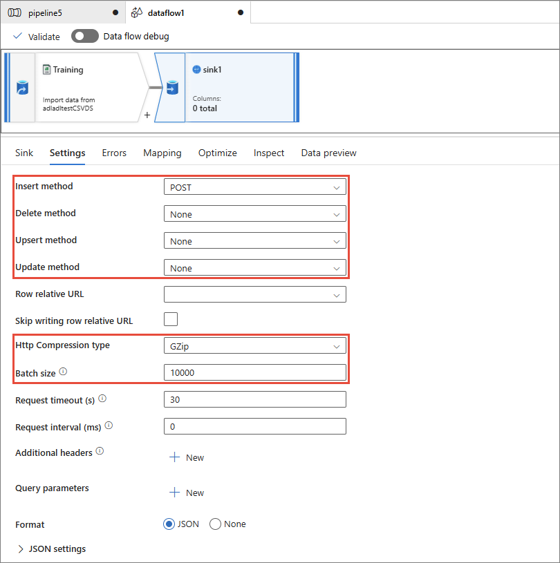 The sink Settings tab with Insert method POST, other methods None, Http Compression type GZip and Batch size 10000 highlighted