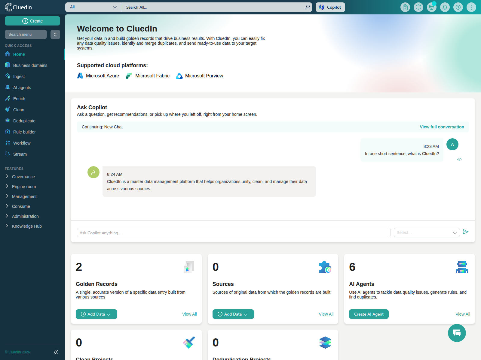 The Ask Copilot panel on the Home page, showing a continued conversation with Copilot's reply and the message input box