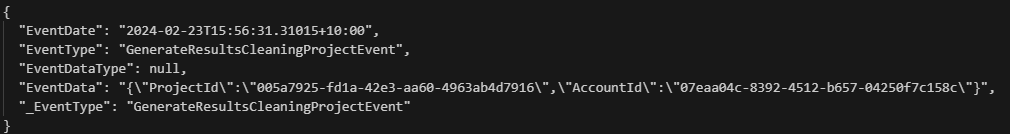 JSON event message with EventDate, EventType GenerateResultsCleaningProjectEvent, and EventData containing ProjectId and AccountId