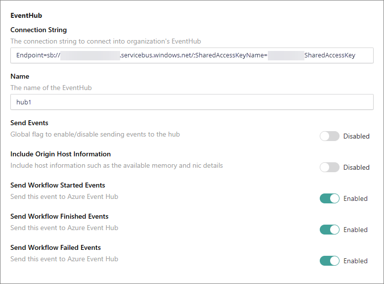 EventHub settings in CluedIn: Connection String, Name, and toggles for Send Events, Include Origin Host Information, and workflow started, finished, and failed events