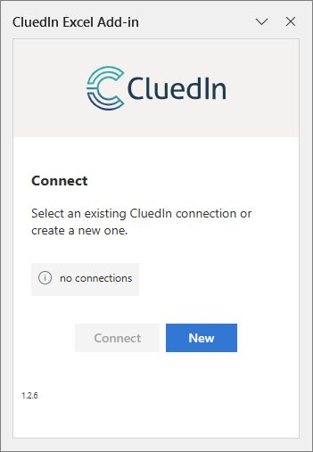 The CluedIn Excel Add-in task pane on the Connect screen, showing no connections and Connect and New buttons