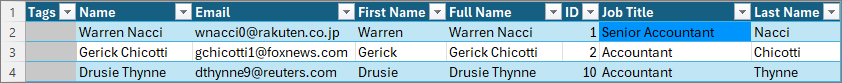 The worksheet after publishing, with the modified Job Title cell now shown with a blue background